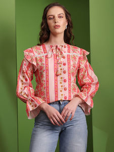 Top Ogee de mezcla de algodón Bandhani de manga larga con cuello redondo estampado - Product Image 4