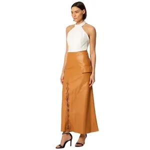 Women's Midi-length Skirt With Slit And Lace Detail In Genuine Leather With Pockets 7 C