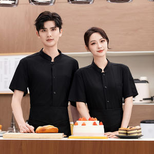 Sunyue Vente en gros de blouses de cuisine en coton mélangé, pas chères, manches courtes, unisexes, blouses de chef personnalisées, noires, pour la cuisine, le restaurant, le bar - Product Image 6