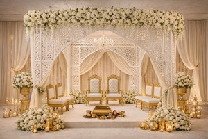 Mandap contemporain découpé au laser pour mariages abordables, mandap de mariage luxueux sculpté, construction légère en métal, Inde - Product Image 4