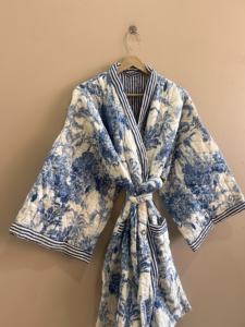Bata Kimono Larga Acolchada de Algodón, Kimono Acolchado Estampado Hecho a Mano, Bata de Baño Unisex - Product Image 6
