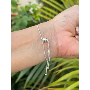 925 <b>Silver</b> Beaded Charm <b>Bracelet</b> with Blue Topaz Trendy Zircon Bangles for Wedding Anniversary Engagement or Gift - Product Image 3