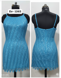 Blue Mini Dress Beautiful Beading V-Neck Natural Waistline Spaghetti Strap Pattern Short Club Dress for Parties - Product Image 4