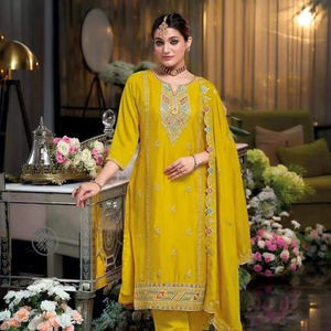 Nuevo diseñador Heavy Pure Chinon hilo de seda bordado y codificación múltiple estilo fiesta de trabajo traje Top pantalón y codificación múltiple Dupatta - Product Image 1