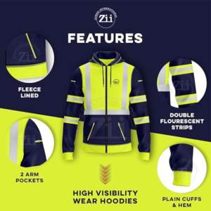 Sweat à capuche pour hommes Sweat Hi Vis Vêtements de sécurité Sécurité Construction lourde Sweats à capuche zippés Classe 3 Sécurité - Product Image 3