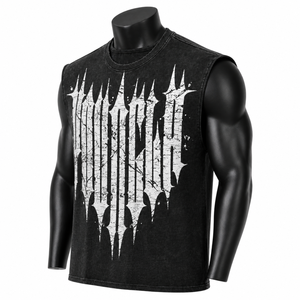 Camiseta sin mangas gótica con estampado gráfico para hombre, negra, con lavado ácido, de algodón, estilo urbano, tipo chaleco muscular, venta al por mayor personalizada - Product Image 3