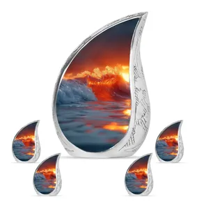 Urna Funeraria Conmemorativa para Cenizas, Estilo Americano, Color Naranja, con Diseño de Olas del Océano y Atardecer, para Adultos - Product Image 3