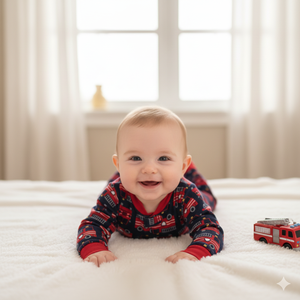 Combinaison pour bébé personnalisée avec motif de camion de pompiers, pyjama à pieds pour enfants |   Tissu tricoté doux ignifuge avec pieds antidérapants |   OEM - Product Image 6