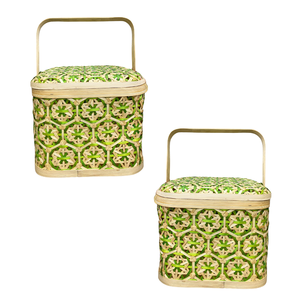 Paniers de rangement rustiques en bambou tressés à la main, panier de rangement pour fruits avec motif floral, artisanat vietnamien - Product Image 1