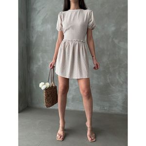 Vestido Elegante TOPSHOW en Gris Piedra, Tejido a Cuadros, de Algodón y Poliéster, Cuello Redondo, Venta al Por Mayor, para Uso Diario Informal y de Oficina, Tallas S-L - Product Image 2