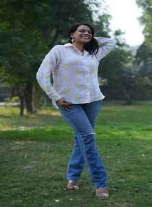 Camisa de Mujer Holgada con Botones y Estampado Floral, 100% Algodón, Primavera/Verano, Amarillo, Manga Larga, Transpirable, Informal para el Trabajo - Product Image 2