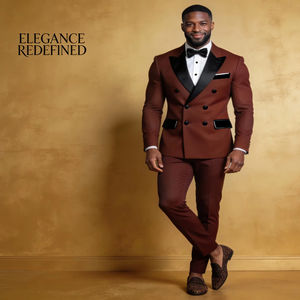 Traje de Etiqueta Marrón para Hombre, Cruzado, con Solapa de Satén Negro, Traje de Novio para Boda - Product Image 1