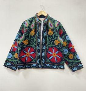 <b>Velvet</b> Embroidered Suzani Bomber <b>Jacket</b> | <b>Women's</b> Floral Pattern 100% Cotton Soft Outerwear - Product Image 1