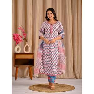 Traje étnico Anarkali de algodón estampado Butta Block blanco y rojo para mujer, ideal para fiestas y ocasiones especiales, hecho con tela de red. - Product Image 6