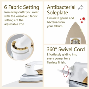 Fer à repasser électrique Kimatsu 750 degrés en aluminium, modèle Mega, pour usage domestique et hôtelier, avec plancha, garantie 1 an - Product Image 2