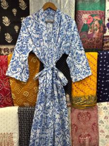 Bata Kimono de Algodón, Bata de Dama de Honor con Estampado de Bloques, Ropa de Dormir de Verano, Talla Única - Product Image 3