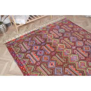 Vintage Turkish Kilim Rug 5.7x11 ft (175x336 cm), <b>Red</b> Floral <b>Wool</b> Rug - Product Image 4