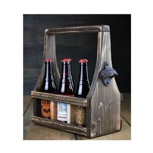 Caddy bir kayu Bar dengan pembuka botol dan sisipan yang dapat dilepas bambu 6 pak pembawa bir