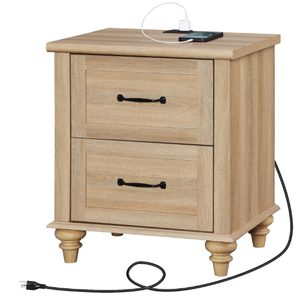 Mesita de noche moderna y versátil de 2 cajones con estación de carga, mesa auxiliar para dormitorio, sala de estar, hoteles, chapa de roble - Product Image 4