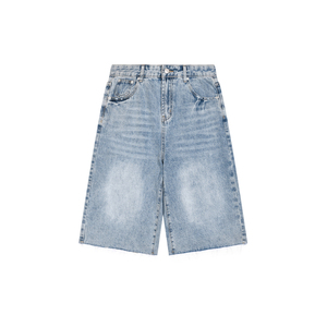 Shorts en jean vintage taille haute pour homme, coupe large, respirants, style délavé pour l'été - Product Image 1