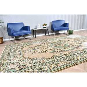 Turkish Rug, 6.3x9.7 ft Vintage Rug, Green <b>Yellow</b> Bordered <b>Wool</b> Rug - Product Image 2