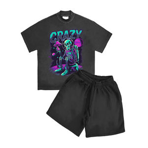 Gran oferta, chándales cortos sueltos de algodón de Color sólido para hombre con diseño frontal de diamantes de imitación, Conjunto de camiseta y pantalones cortos simples personalizados - Product Image 2