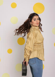 Haut en coton naturel 100% avec coupe unie, manches longues à col beige éclaté et bouton de taille-Dernière conception, style doux - Product Image 3