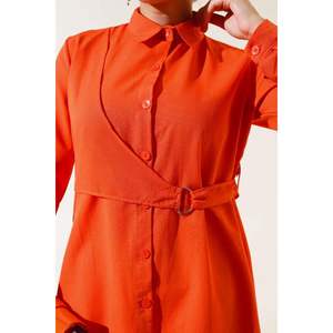 Camisa frontal con solapa naranja, logotipo bordado, holgada, Primavera/otoño, adelgazante, lindas opciones múltiples, gasa de seda, lino, tejido - Product Image 4