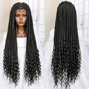 Vente en gros Perruque ombrée longue sans nœuds avec tresses en boîte Perruque double dentelle carrée tressée brodée avec cheveux de bébé pour femmes noires - Product Image 1