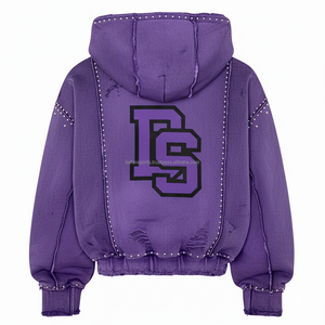 Premium 380 GSM Cotton Fleece Zipper <b>Hoodie</b> <b>Purple</b> Distressed Look with Studded Design and Custom Logo Embroidery basics <b>Hoodie</b> - Product Image 2