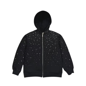 Sweat à capuche unisexe noir avec fermeture éclair, style streetwear oversize, design scintillant en cristal, luxe, coton lourd, veste de mode d'automne - Product Image 1