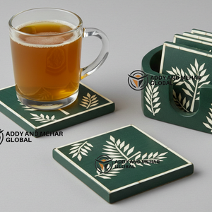 Indian Supplier Offers Handmade Green & <b>White</b> Bone Inlay 3mm Thick Square Luxury <b>Coaster</b> Set with Holder Floral Pattern - Product Image 3
