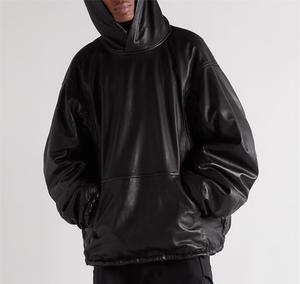 Sweat à capuche en cuir véritable pour homme, hiver, uni, épaules tombantes, pull oversize, cuir pleine fleur, teinture de vêtement, écologique, laine peignée - Product Image 2