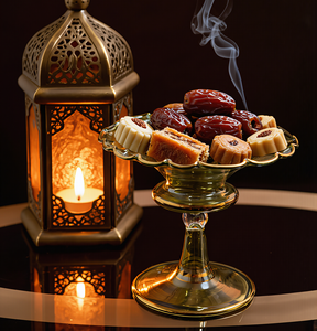 Plat de service en verre soufflé à la main, à pied, festonné, avec bordure dorée, style égyptien, pour le Ramadan, vente en gros - Product Image 5
