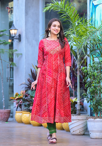 Conjunto de Kurta Anarkali de Algodón con Bordado Hecho a Mano y Estampado Badhani, con Pantalón y Dupatta, Largo hasta la Rodilla, Estilo Casual - Product Image 2