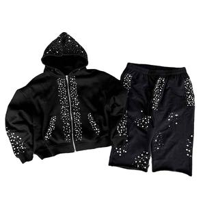 Conjunto de Sudadera con Capucha y Pantalones Deportivos Anchos con Pedrería de Perlas, 100% Algodón Grueso, con Impresión de Logotipo Personalizado - Product Image 3