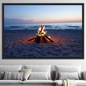 Printed Beach Bonfire Canvas: Modern Sea Landscape Wall Art,BLACK <b>FRAMED</b> CANVAS - Product Image 1