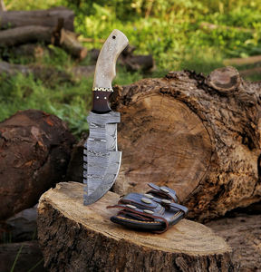 Cuchillo rastreador de hoja de acero de Damasco hecho a mano con mango de hueso y madera OEM/DIY personalizado compatible con Camping. - Product Image 4