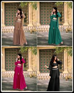 Georgette indo Western sharara ชุดเสื้อครอปแบบหนาพิเศษพร้อมเข็มขัดคาดเอวประดับกระจกและเสื้อครอป - Product Image 4