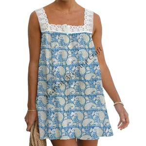 Eco-Friendly 100% Cotton Lace Top Floral Hand Block Print Style Short Lace Top Casual Party Wear Sleeveless Washable Girl <b>Dress</b> - Product Image 5