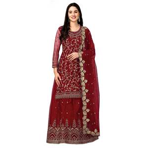 Trendmalls ชุดเสื้อผ้าไหมพรมคอตตอนปักลายสำหรับผู้หญิงชุดซัลวาร์พื้นเมือง kurta Palazzo พร้อม dupatta (G112-Maroon) สำหรับงานแต่งงาน - Product Image 1