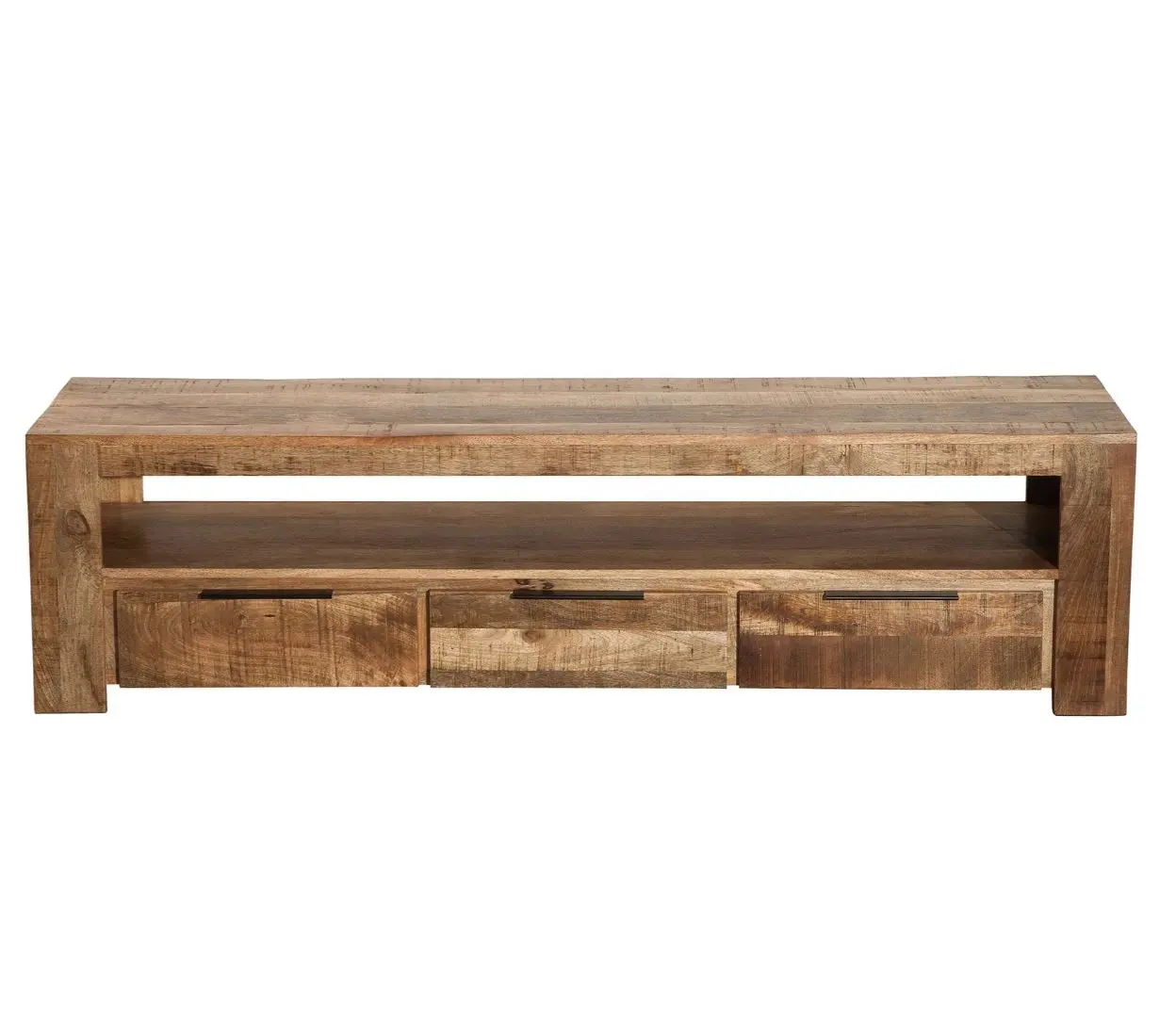 Drie Laden Open Planken Media Console Mango Hout Natuurlijke Afwerking Indiase Handgemaakt Ontwerp Indian Tv Stand Modern