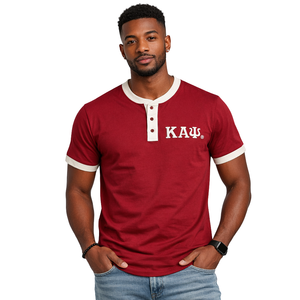 Kappa Alpha Psi Krimson Premium Henley Shirt True To Size Soft Cotton Blend Button Placket Embroidered Greek Letter Crest - Product Image 1