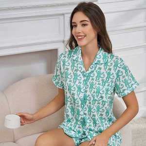 Wholesale Custom Printed <b>Nylon</b>/Cotton Solid Pants Pajamas Reversible Quick Dry Breathable Sleepwear Set <b>Women</b> High Waist Full - Product Image 5