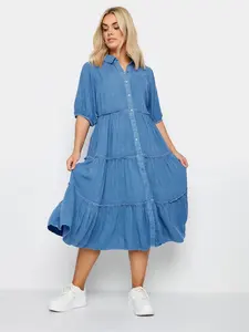 Robe chemise longue en denim pour femmes avec col en V, couverture complète du corps, bouton à volants, vêtements de plage d'été en rayonne bohème - Product Image 2