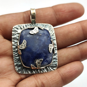 925 Sterling Silver Unisex Sodalite Pendentif 26x23mm Vintage Antique Look Rhodium Placage Designer Cadeau De Noël pour Les Fêtes - Product Image 4