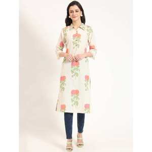 Ivory <b>Pink</b> Women's Floral Printed Cotton Kurti Full Sleeves Ethnic Office Wear Casual Salwar Kameez Wholesale From India - Product Image 1