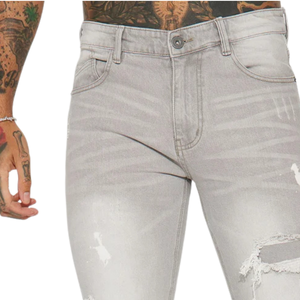 Jean déchiré gris clair pour homme, coupe droite, en denim délavé, style streetwear décontracté, poids moyen, couleur unie - Product Image 3