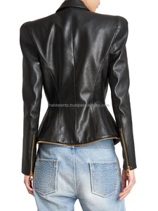 Chaqueta de cuero de oveja genuina con cremallera múltiple para mujer de moda disponible en todos los colores y tamaños - Product Image 4