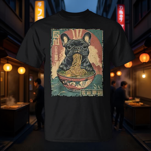 T-shirt promozionale con grafica giapponese Kawaii di Bulldog Francese e Ramen, stile Anime - Product Image 3